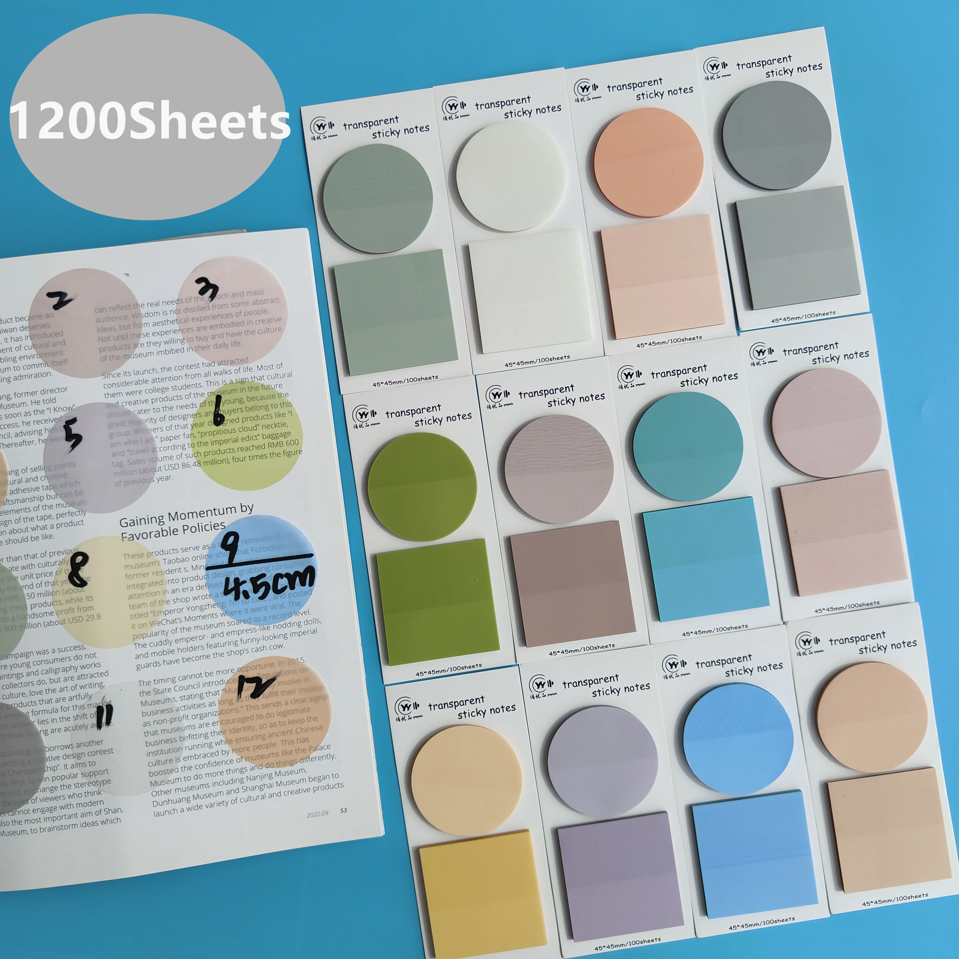 1200 Sheets Transparent Sticky Notes Self-Adhesive Annotation Books Notepad Bookmarks Memo Pad Index Tabs Stationery