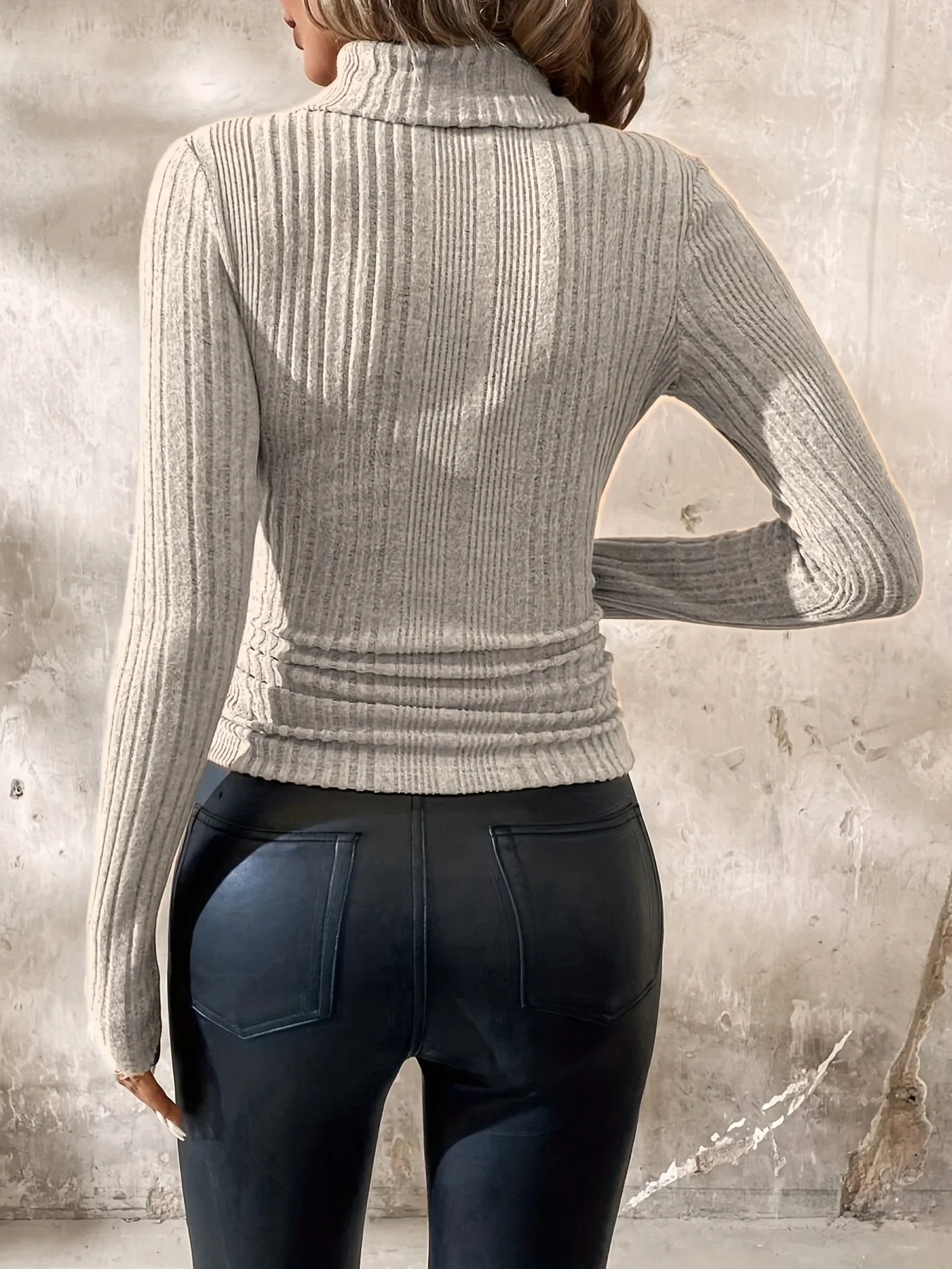 Light Gray Ribbed Turtleneck Knit Sweater, Women's Long-Sleeve Slim-Fit Base Layer Sweater, Versatile Autumn and Winter Top