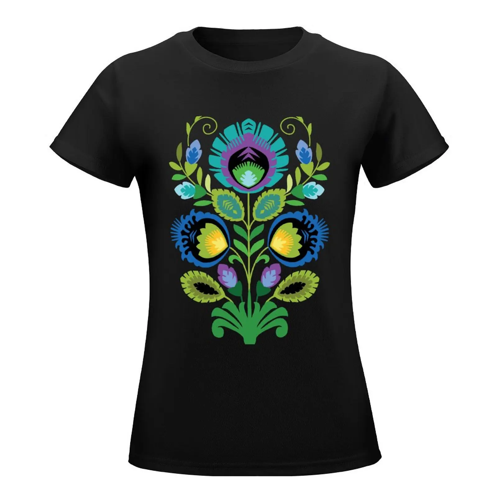 Polish Folk Flowers Teal on Black T-Shirt Blouse cute clothes oversized t shirts for Women