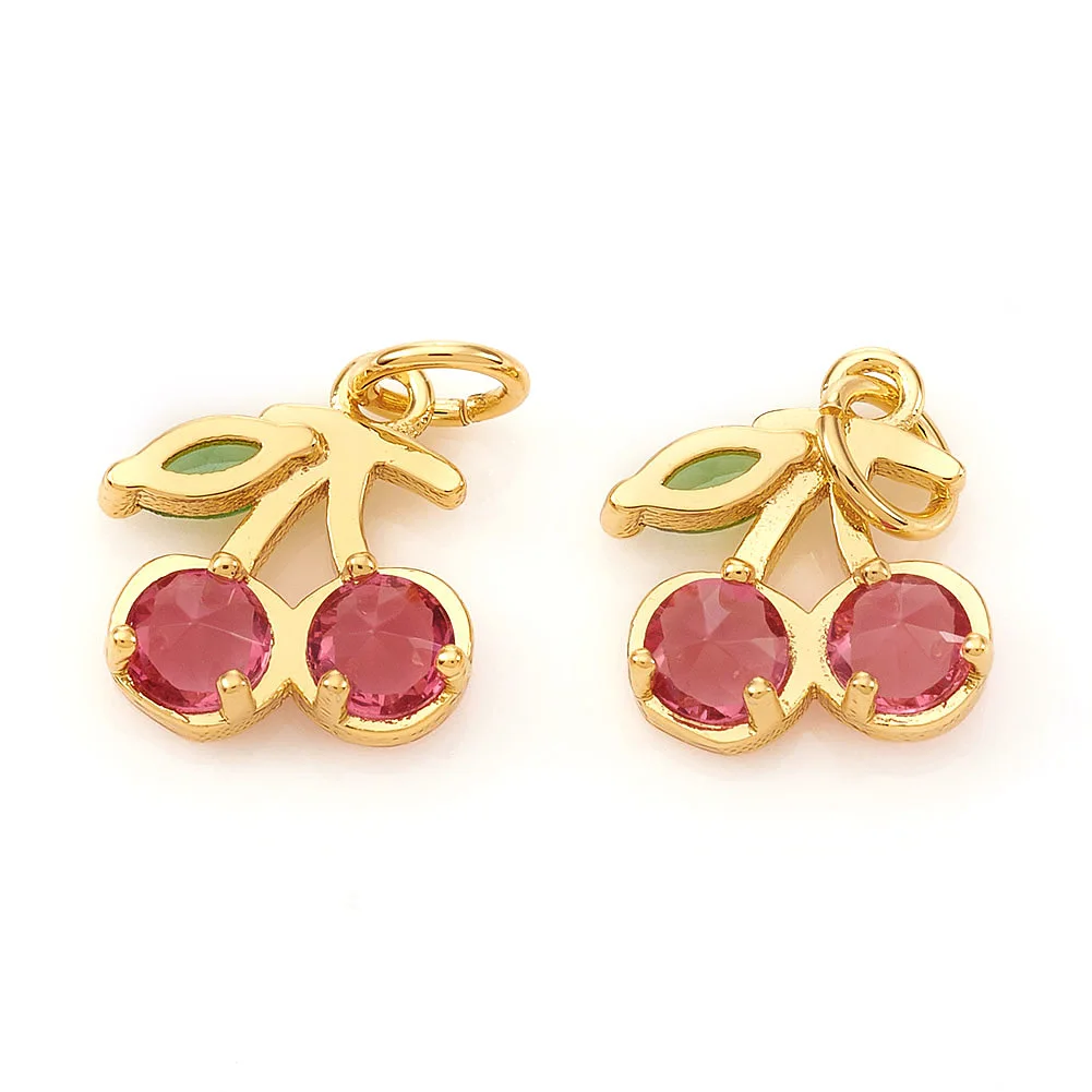 

10pcs Metal Cubic Zirconia Charms with Jump Rings Cherry Cerise & Green Gold Plated for Making DIY Jewelry Necklace Earring