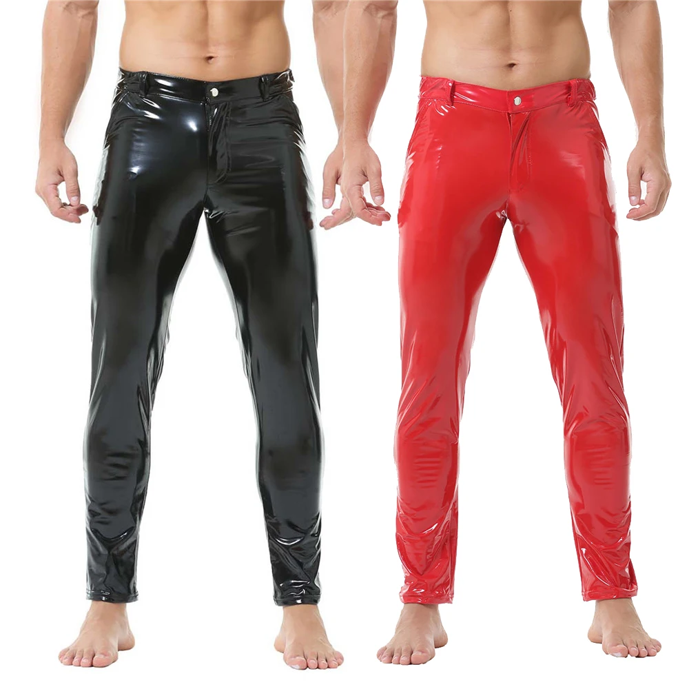 

Latex Mens Pants Shiny Wet Look PVC Leather Pants Fashion Glossy Slim Straight Trousers for Nightclub Stage Party Show Costumes