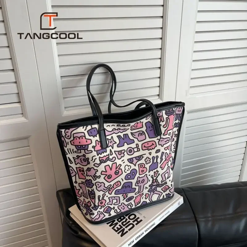 Bolso de lona con estampado de grafiti para mujer, bolsa de hombro de gran capacidad, creativa y divertida, combina con todo