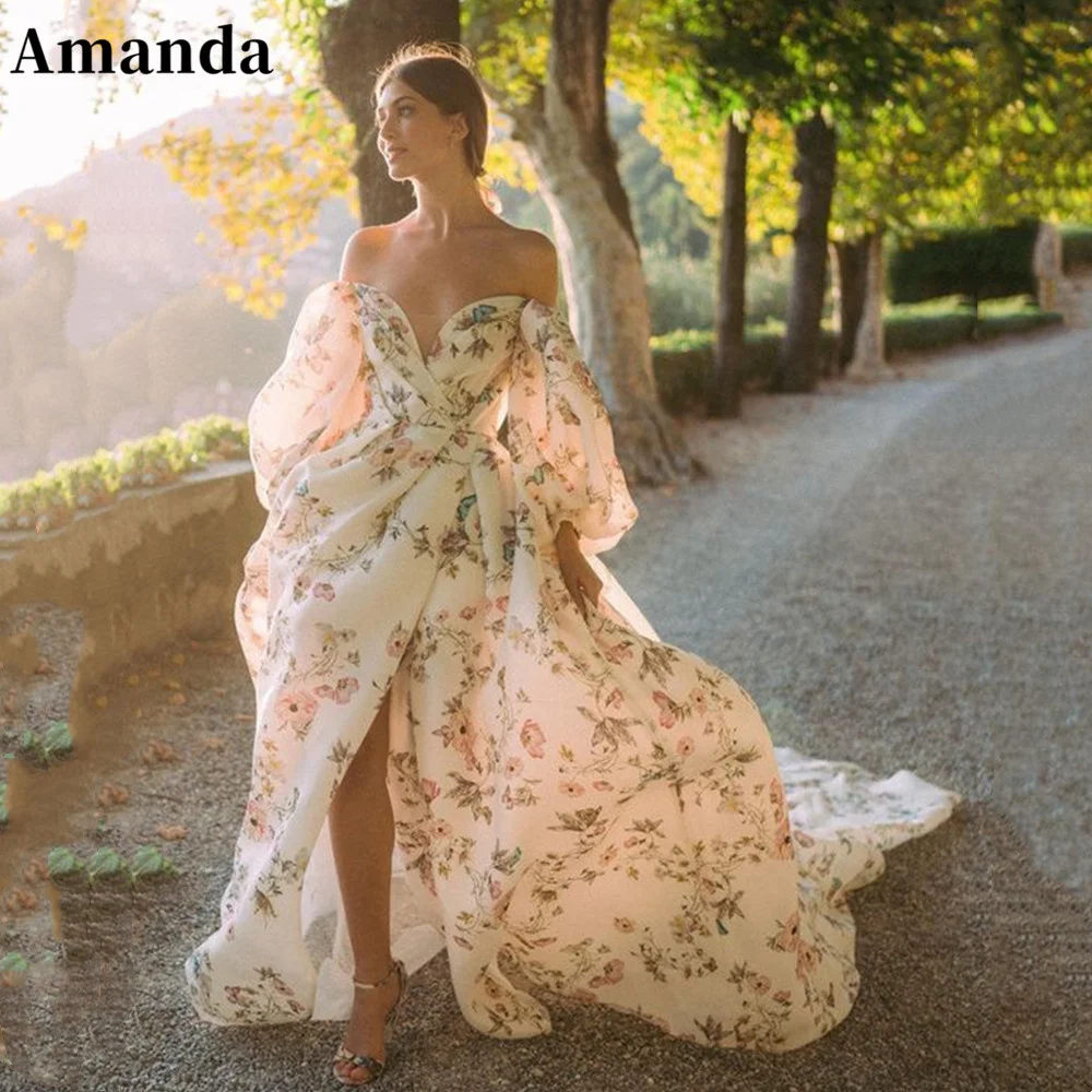 Amanda-Flower Print vestido de baile, Deslumbrante, Long Sweep Train, Querida vestido de baile, Princesa Split Side