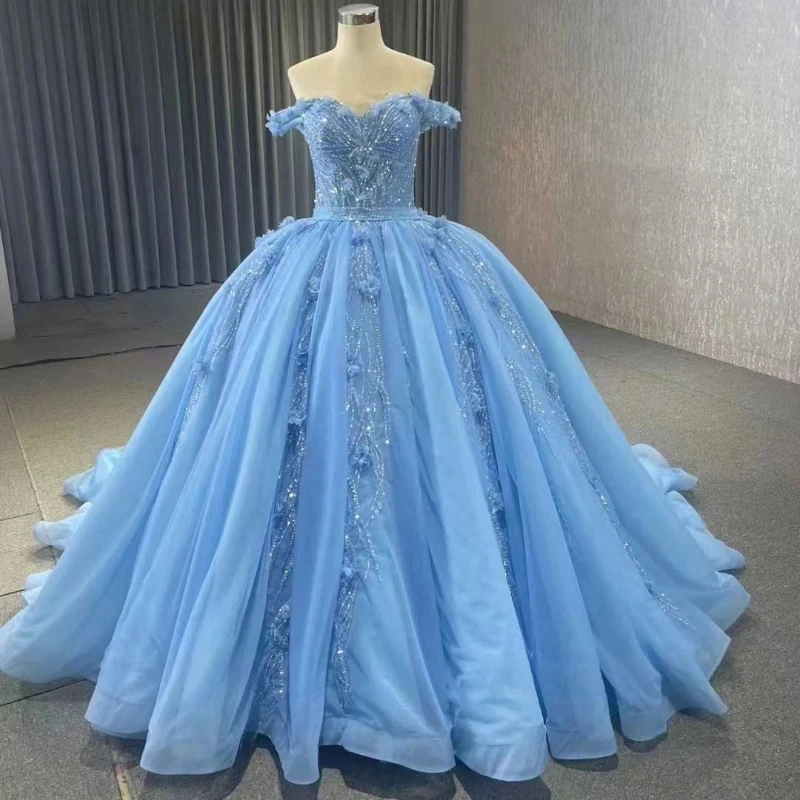 Vestido azul cielo De princesa para quinceañera, vestido De baile De encaje con cuentas De flores, dulce 16, 15 Años, 2024