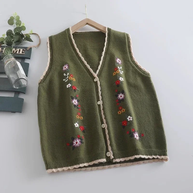 Vintage Knit Floral Embroidery Sweater Vest Fall Mori Girl Retro Chic Cottagecore Hippie Gypsy Ibiza Crochet Sleeveless Cardigan