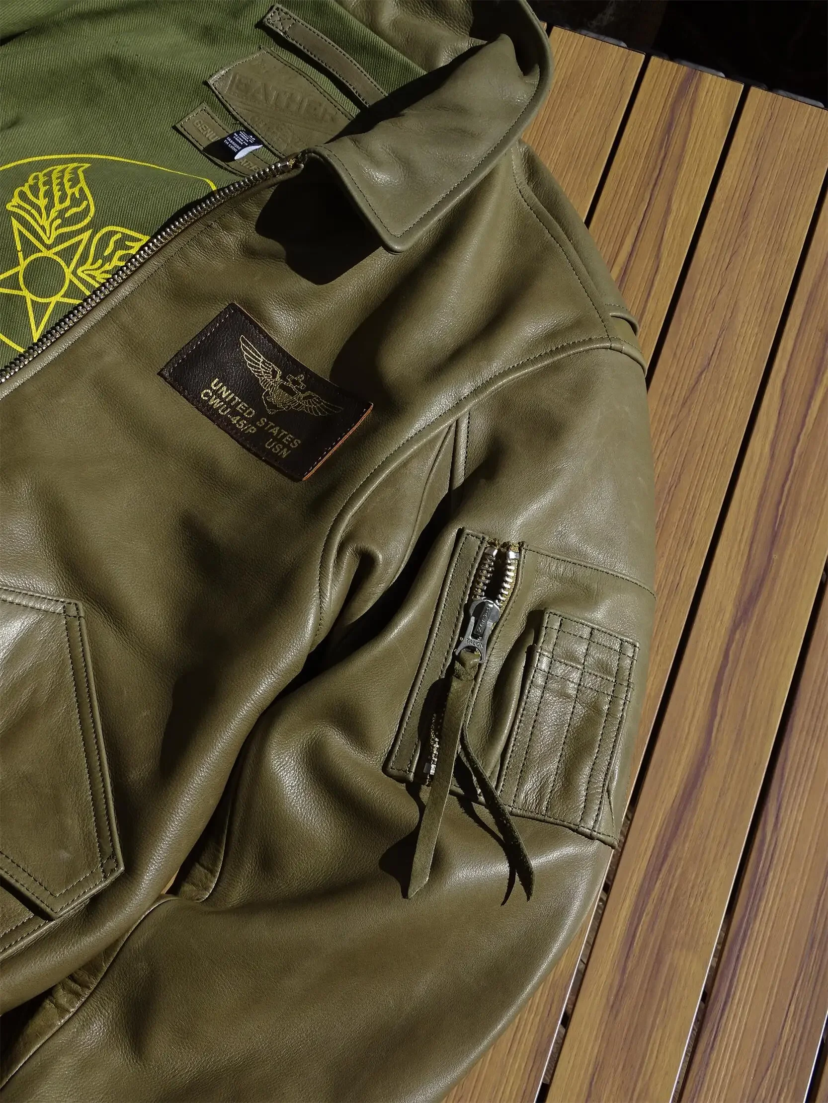 الرجال الأمريكيين جلد البقر الحقيقي معطف جلد طبيعي حقيقي سترة قصيرة عادية النمط العسكري الأخضر ربيع الخريف القماش الذكور