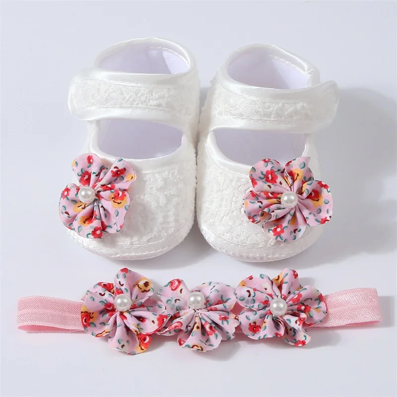 Baby Girl Mary Jean Flats Bead Flower Closed Toe Soft Sole Princess Shoes with Headband for Spring Fall