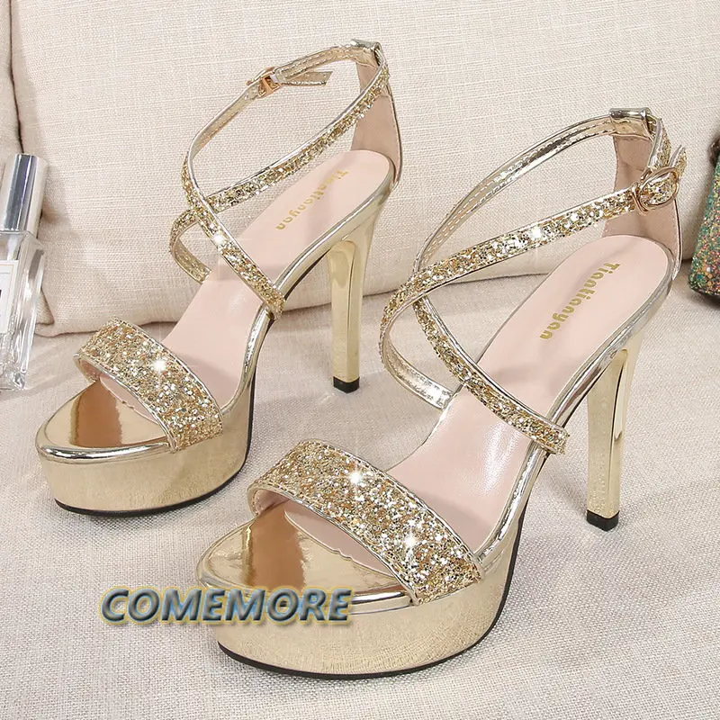 2023 Gold Silver Cross Strap Crystal High Heels Sandals Women Bling Glitter Wedding Bridal Party Platform Pumps Shoes Summer PU