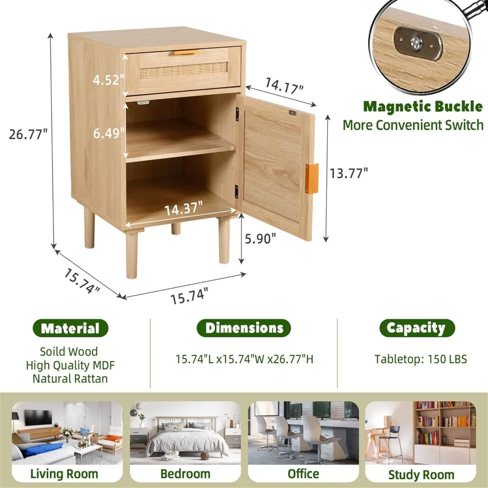 Nightstand Set with Drawers, Boho BedSide Tables, Oak Rattan End Tables - Small Space