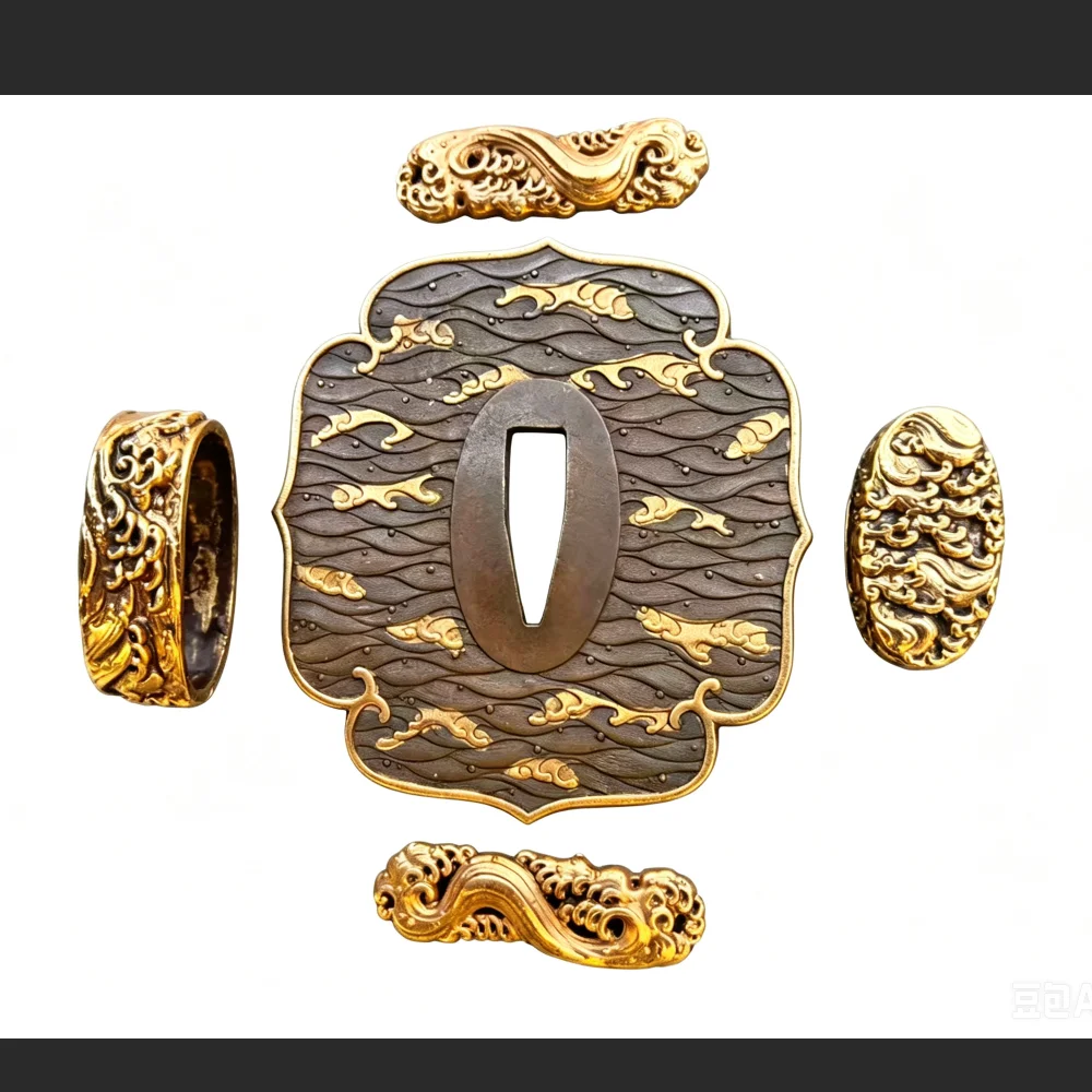 A Set Wave Copper Gilding Tsuba For Japanese Katana/Wakizashi Sword Fittings