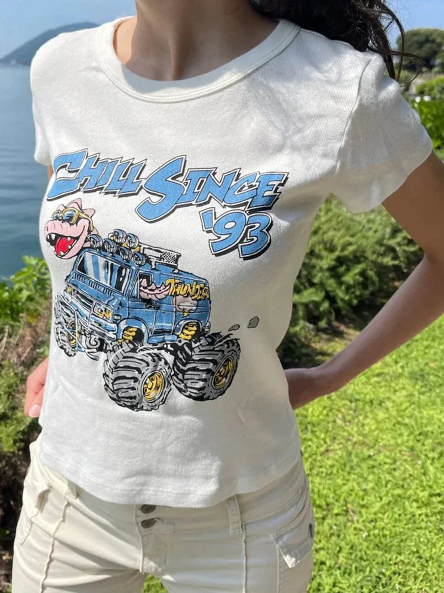恐竜漫画プリントスリム Tシャツ女性新綿 O ネック半袖 Tシャツ夏アメリカンストリート原宿クロップトップス Y2k