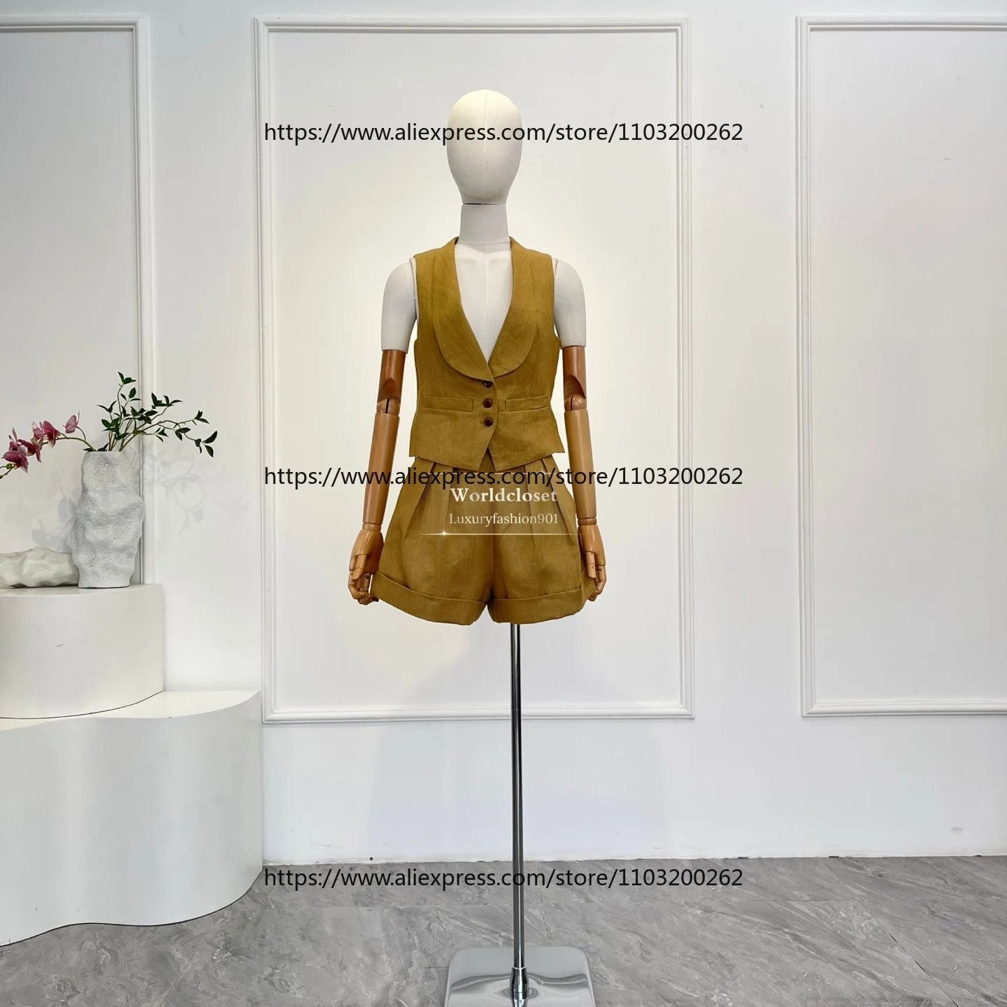 

Women's White/ Light Camel Sleeveless Vest Blouse Tops and Shorts Set