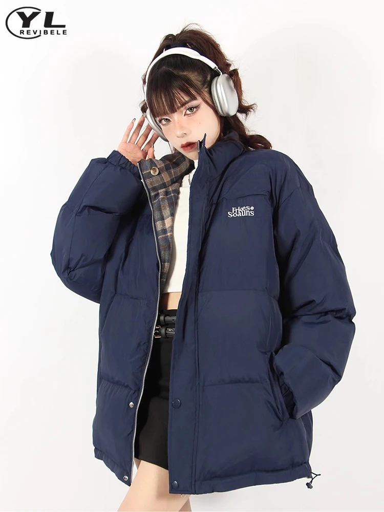 Harajuku Retro Stand Collar Parkas Men Woman Winter Thick Warm Double-sided Cotton Padded Jackets Loose Casual Lightweight Coats