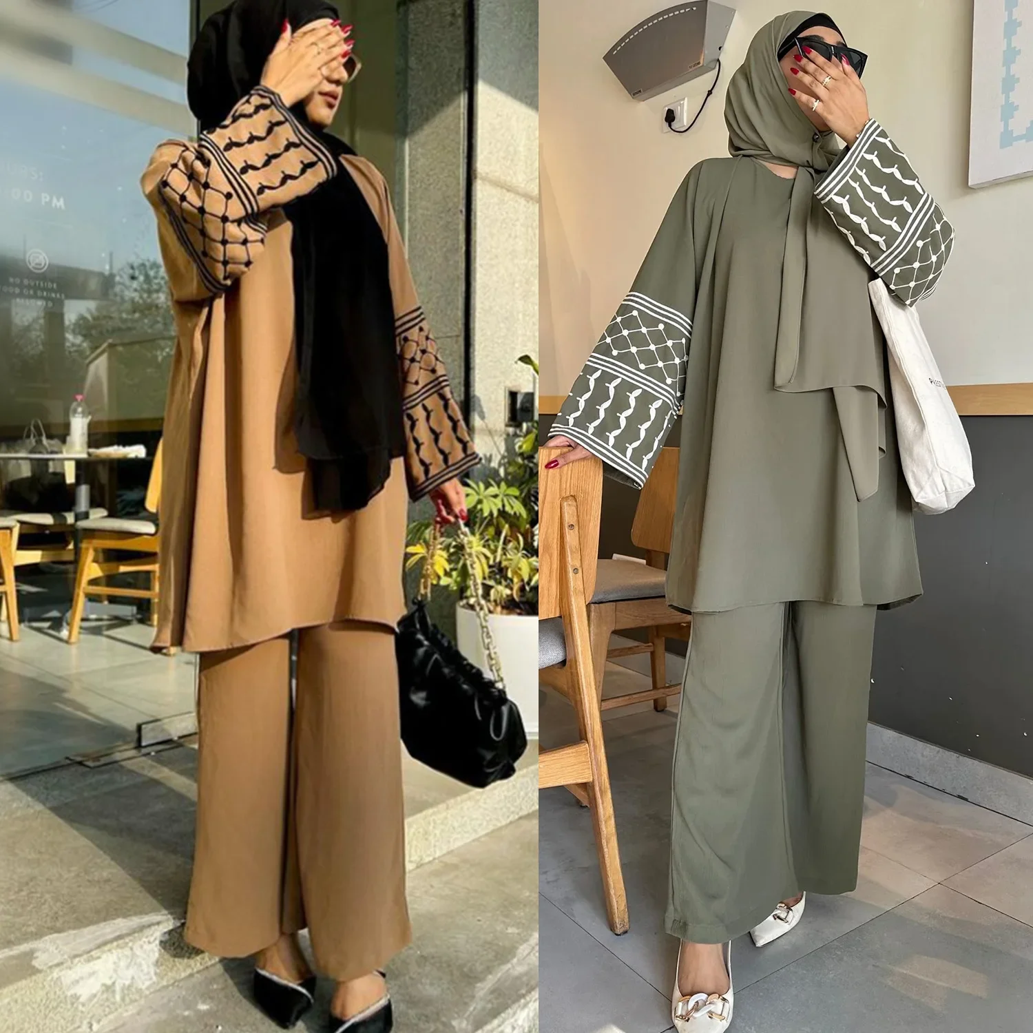 Crepe Muslim Women Clothing 2 Pieces Set Turkey Dubai Embroidery Palestine Top and Pants Suit Sets Ramadan Eid Islamic Outfits