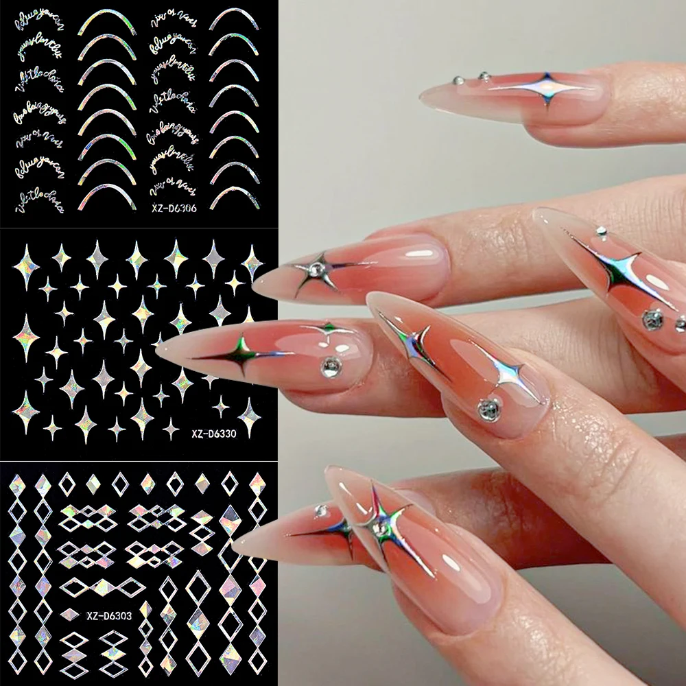 30Pcs Laser Silver French Line Flower Nail Art Stickers Self-Adhesive Elegant Geometric Retro Floral DIY Manicure, Salon Decals