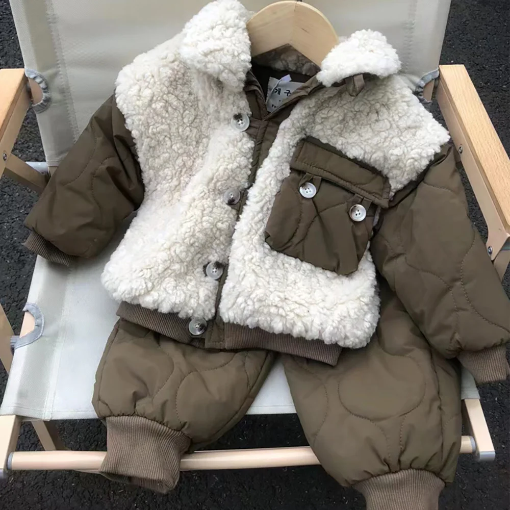 

Kids Boys Quilted Jackets Children Clothes Sets Autumn Winter Lambswool Cotton Padded Coat+Pants 2Pcs Thick Warm Boy Outfit Suit