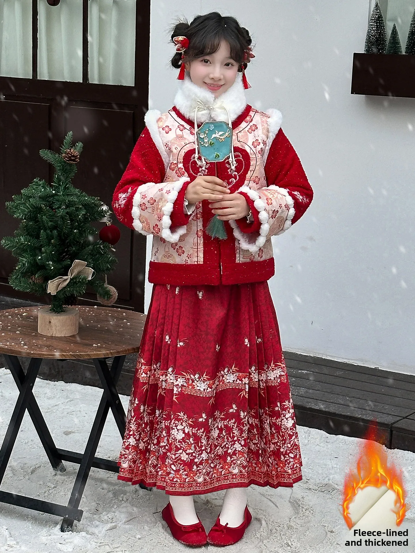 

Зимний утепленный комплект Ханьфу для девочек с флисовой подкладкой, с высокой талией, традиционная китайская детская одежда в ретро-стиле