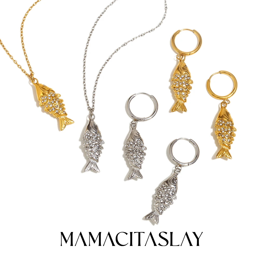 

MamacitaSlay 18K Gold Plated Lucky Fish Pendant Necklace Shiny Koi Stainless Steel Earrings Women's Party Waterproof Jewelry Set