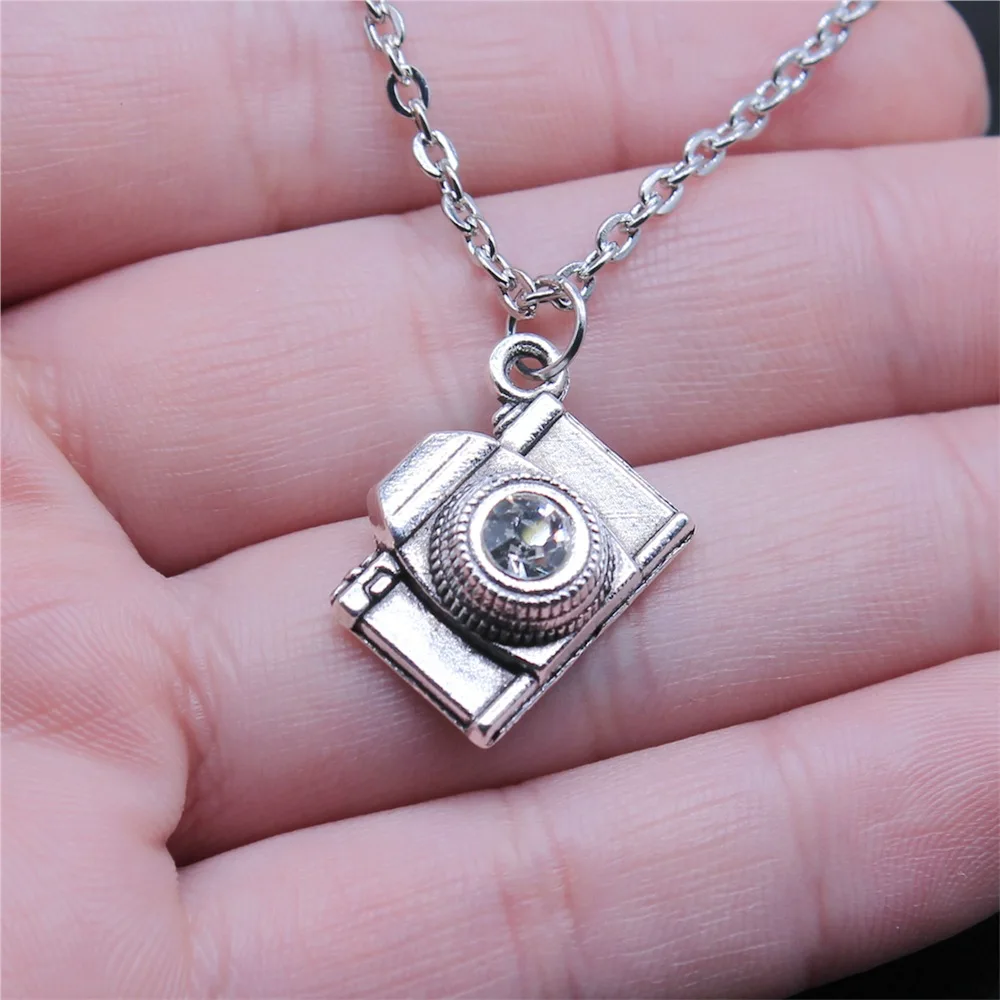 Dropshipping Antique Silver Color 20x16mm Camera With Crystal Pendant Necklace For Women