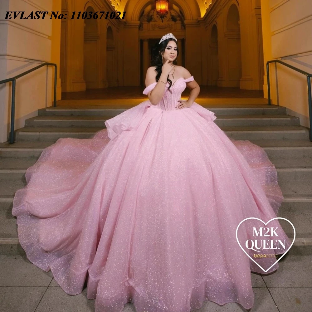 

EVLAST Mexican Shiny Pink Quinceanera Dress Applique Beaded Crystals Tiered Sequins Corset Sweet 16 Vestidos De 15 Anos SQ440