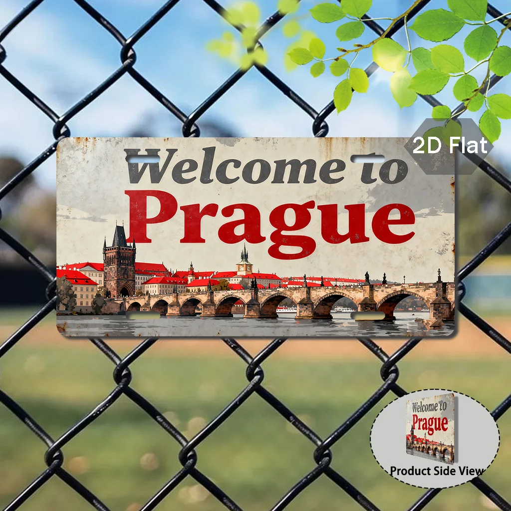 2D Flat, 1pc Prague Welcome Sign - Retro Czech Republic Charles Bridge & Old Town Wall Art, 11.8