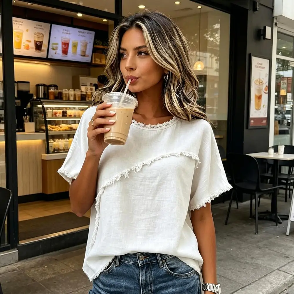 Summer Linen Tops For Women 2026 Crew Neck Short Sleeve Shirts Casual Solid T-Shirts Lightweight Loose Blouse Women Shir