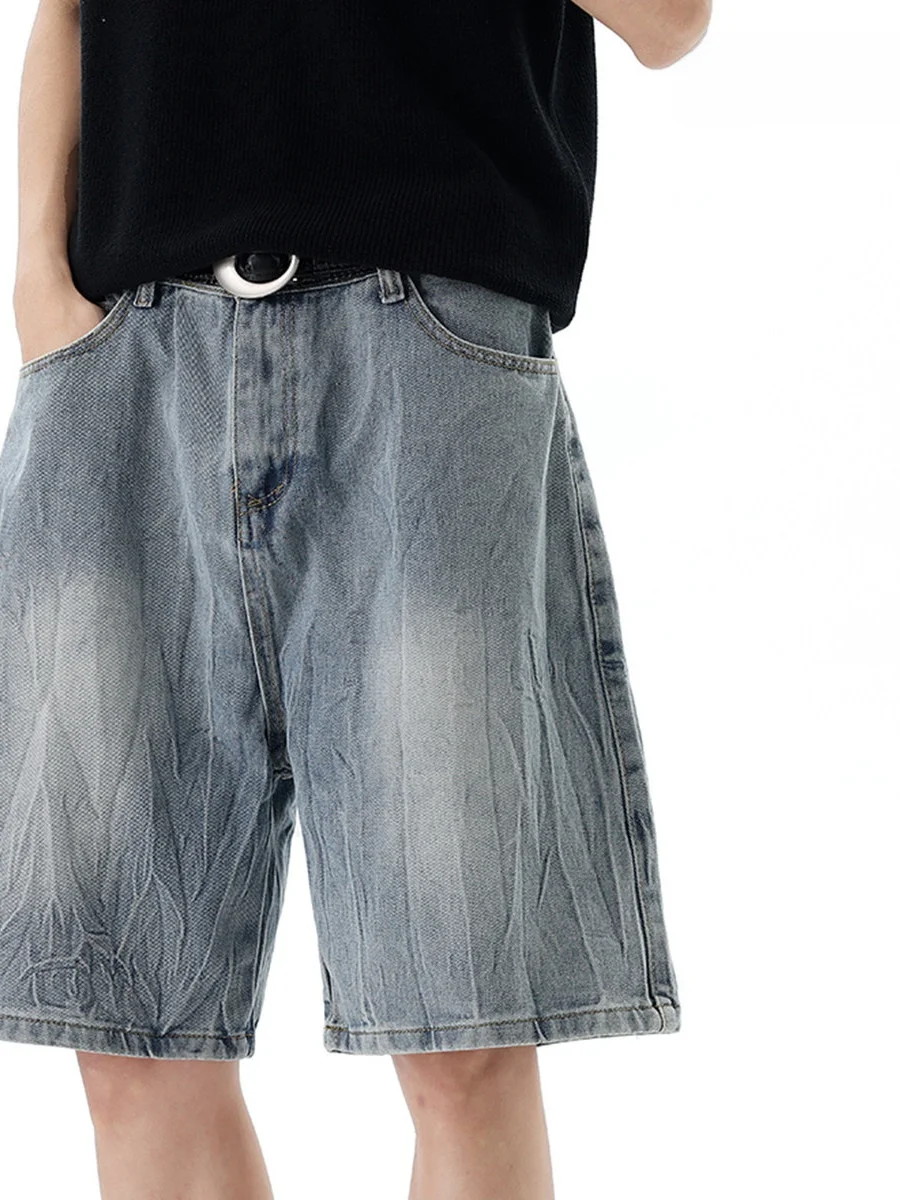 Shorts Jeans Americanos com Estampa de Raios Lavados, Unissex, para Homens e Mulheres, Verão, Estilo High Street, Corte Solto...