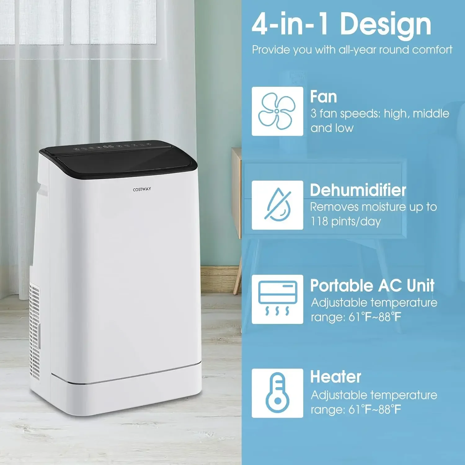 COSTWAY 15000 BTU AC portabel, Unit AC 4-in-1 dengan panas, ayunan otomatis untuk kamar hingga 800 Sq. Kaki, dengan Built-in