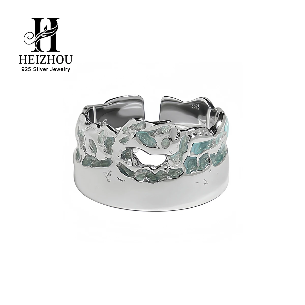 Chunky Irregular Molten Enamel Wide Ring 925 Sterling Silver Fashion Adjustable Rings for Womens Everyday Jewelry