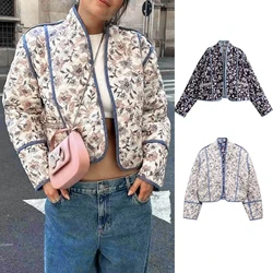 Winter women's flower print double-sided two piece quilted jacket jacket long sleeved  stitch women's vintage jacket shorts set