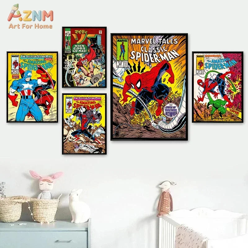 AZNM Vintage Marvel Comic Frameless Canvas Print, Retro Spider-Man Hulk Captain America Wall Art, Superhero Comic Book Home Deco