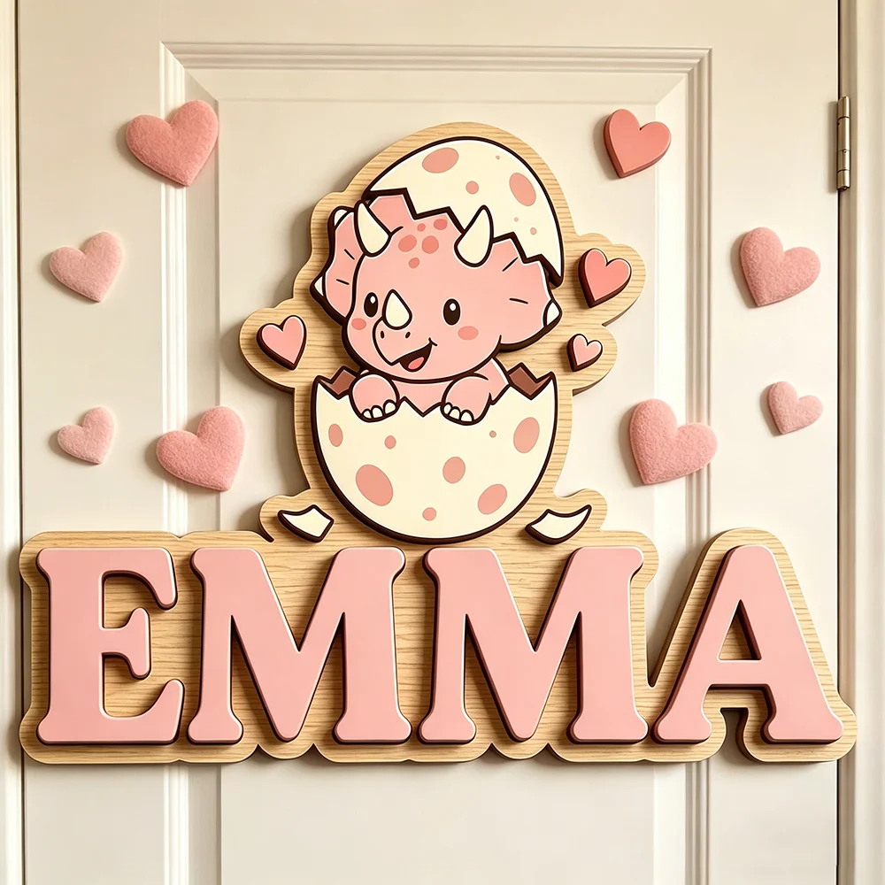 Personalized Pink Baby Dinosaur Name Sign, Wooden Nursery Decor with Hatching Egg & Hearts, Cute Kids Door Plaque, Unique Newbor