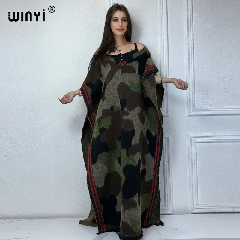 WINYI camouflage colour African women winter long down poncho abaya dubai luxury party dress shawl cape poncho for women luxury