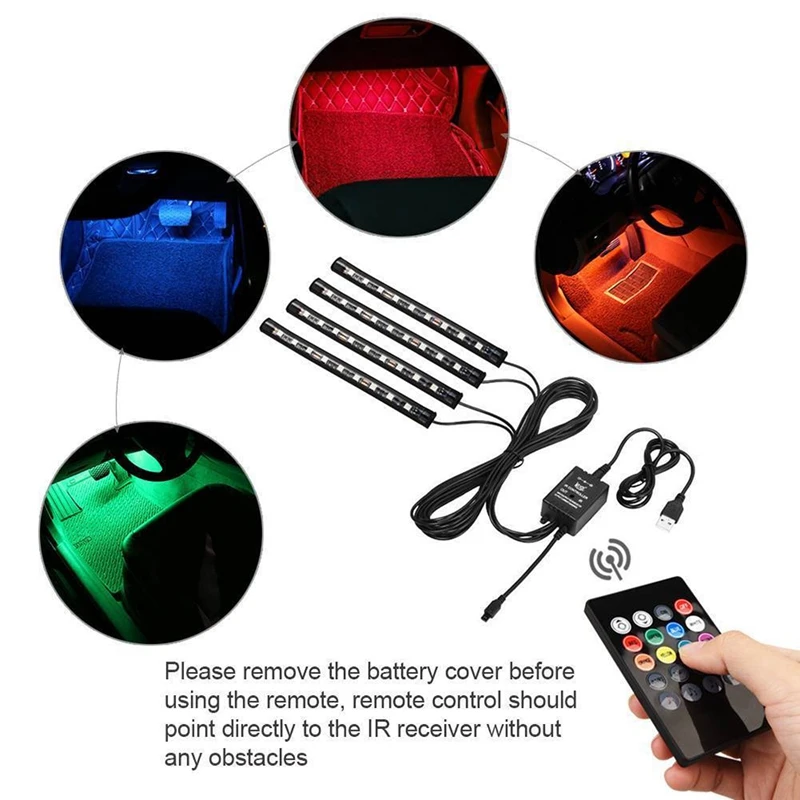 Bande lumineuse RVB pour intérieur de voiture, chargeur USB, escales intérieures de voiture, 4 pièces, DC 12V, 9 LED