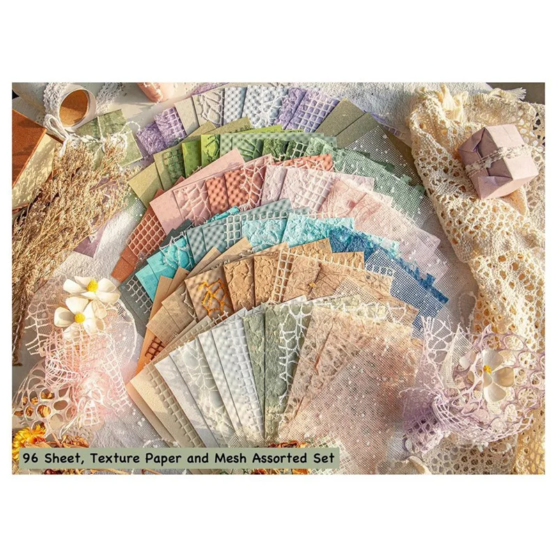 96 Sheets Textured Scrapbook Paper And Mesh Fabric Assorted Set,6 Pack Mixed Special Paper For Scrapbooking Planner-AC47