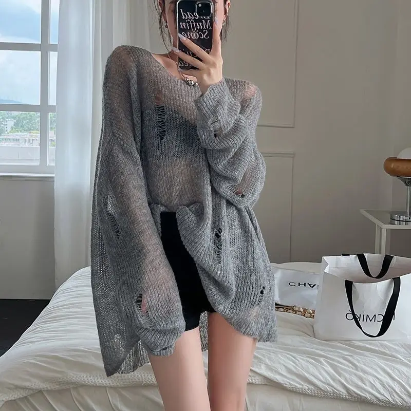 Women Lazy Style Off Shoulder Hollow Hole Knit Sun Protection Top Summer Loose Thin Mesh Sweater Ins Cute Casual Pullover Blouse