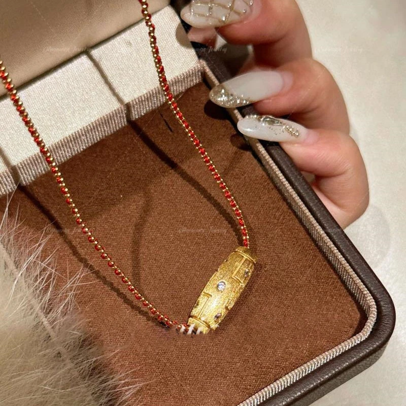Retro New in Chinese style Ancient gold crafts Diamond inlay Tianzhu Red braided rope Necklace Pendant Charms Banquet Jewelry