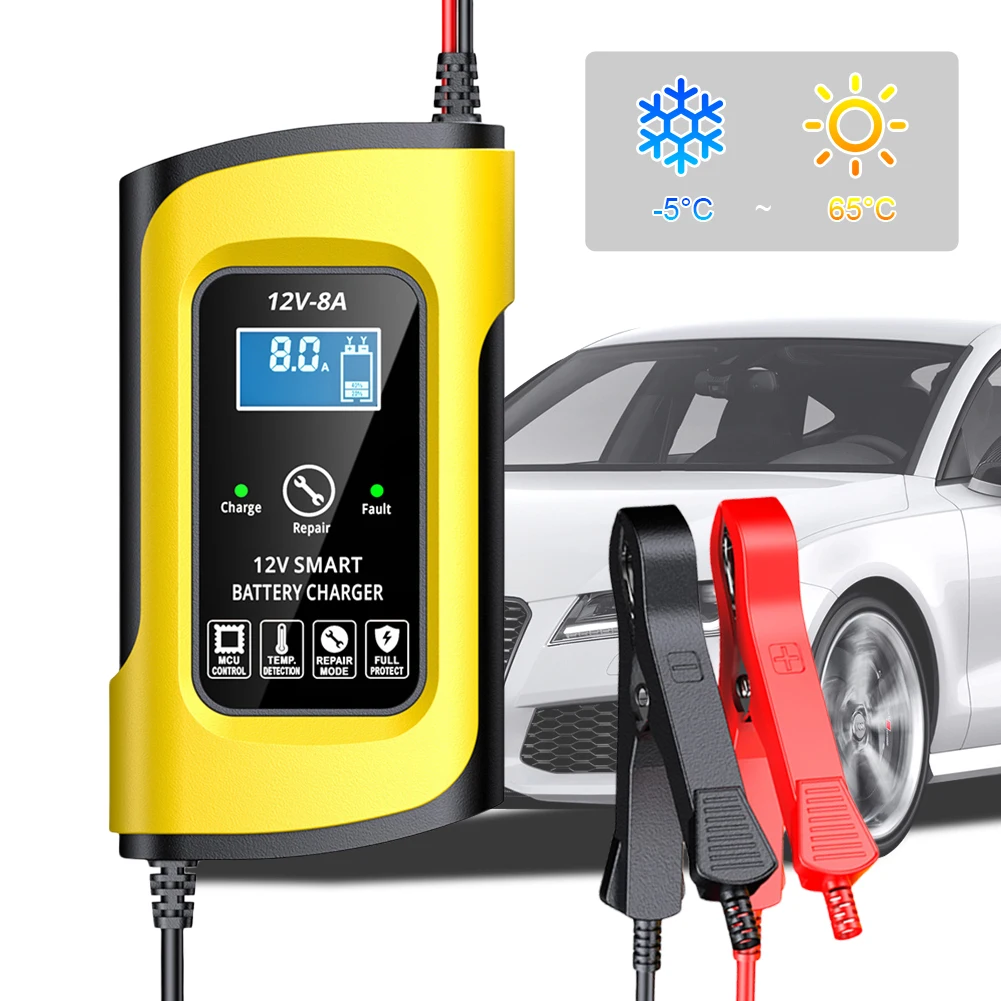 

12V 8A Car Battery Charger 3 Stage Charging Smart Full Automatic Charger Digital Pulse Repair Charger Automotive Tools