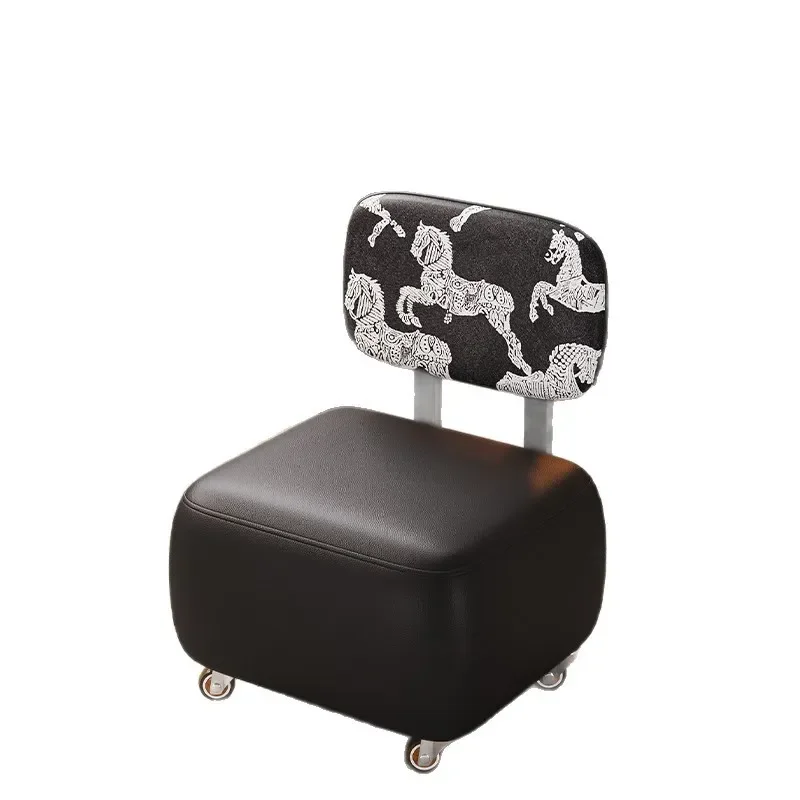 Modern Upholstered Low Stool with Backrest and Wheels Soft Padded Mobile Seat for Living Room Sofa Side Table Accent Chair