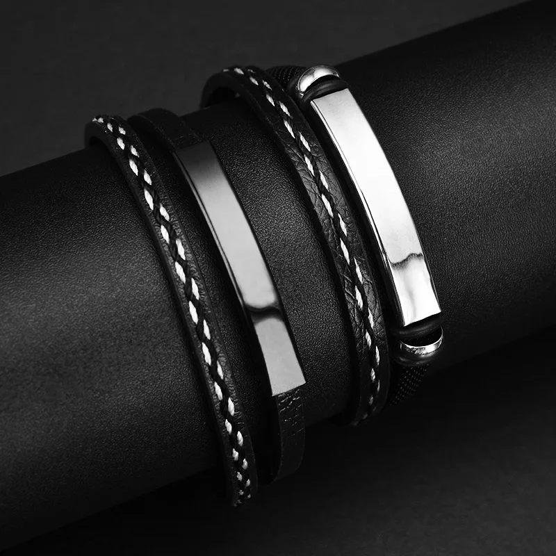 Customized Name Logo Date Fashion Commemorative Bracelet Neutral Leather Stainless Steel Bracelet Customized Jewelry Gift