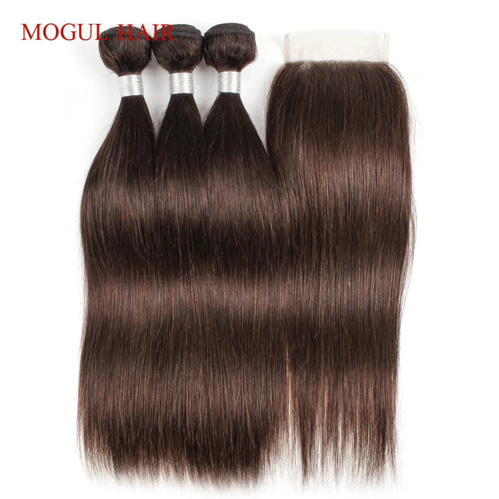 Brown Straight Human Hair 2/3 Bundles with Closure 4x4 Transparent Lace Free Part 10-24 inch Remy Human Hair Extension MOGULHAIR