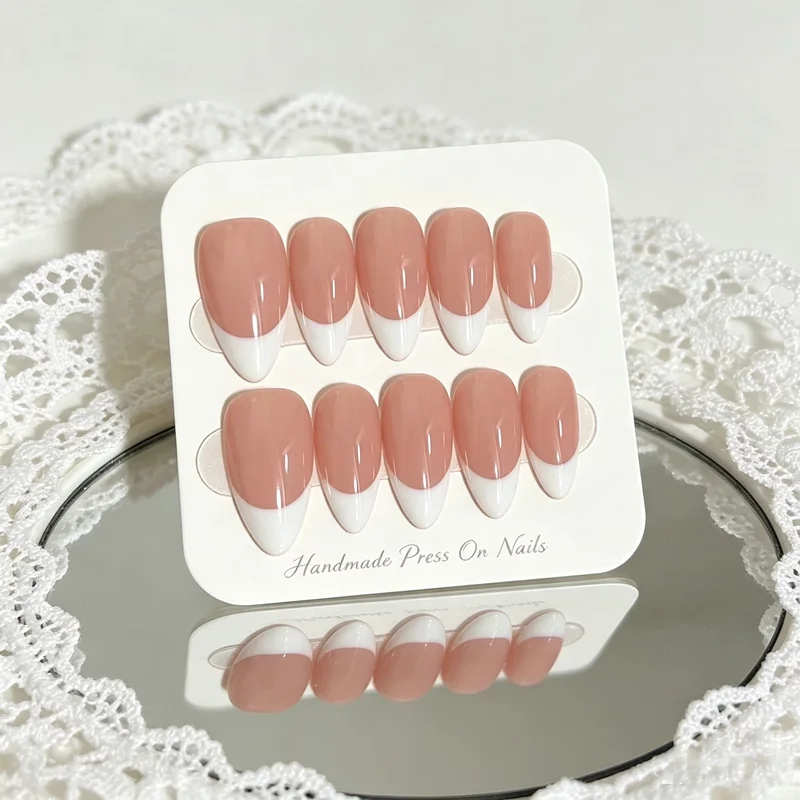 10PCS Opaque Handmade Press on Nails Non-see-through Base Nude French Fake Nails Reusable Elegant Decorated Manicure Nail Art