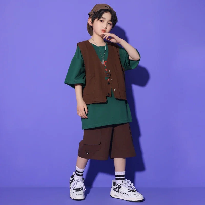 Completi da strada per ragazzi adolescenti Abbigliamento hip-hop per bambini Gilet marrone Maglietta Top Pantaloncini cargo per ragazze Abiti da ballo jazz