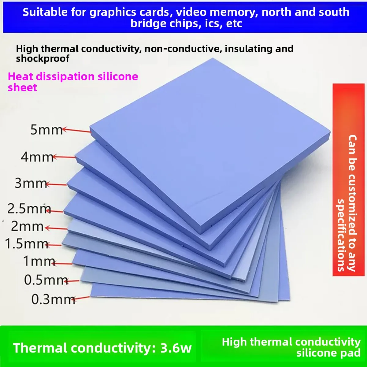 3.6W Thermal Conductivity Silicone Heat Pad, Light Blue PCB Circuit Board Insulation Heat Transfer Sheet, Size 100×100mm