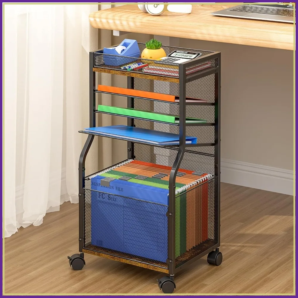 

5-Tier Rolling File Cart with Lockable Wheels, Mobile Desk File Organizer Hanging File Folders Paper Letter Sliding Trays