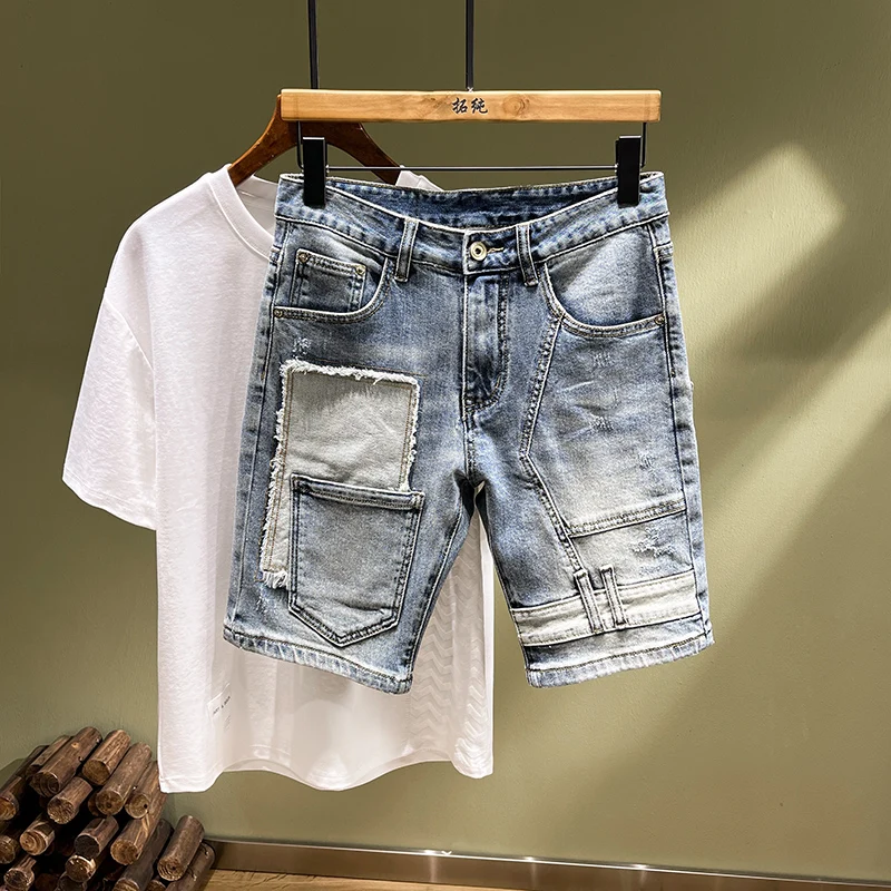 

TC2931 Summer tide brand jeans men's splicing hole elastic fashion satile Slim patch Chinese pants