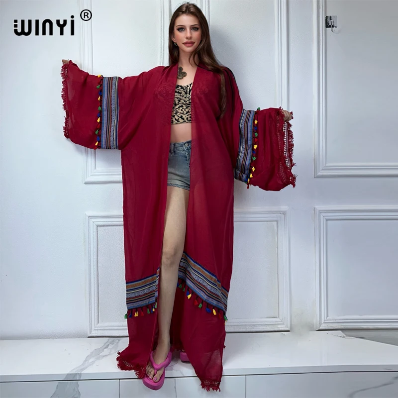 

WINYI 2024 Summer cardigan Sexy Embroidered Long Kimono Beachwear Women Middle East Muslim abaya dubai luxury Long Kaftan