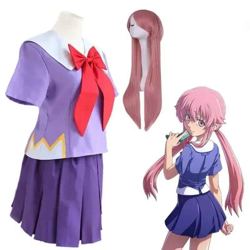 

New Anime 2nd Mirai Nikki Gasai Yuno Lolita Sailor Cosplay Costume Set Women's Outfit With Bow Short Skirt And Wig Length 80cm