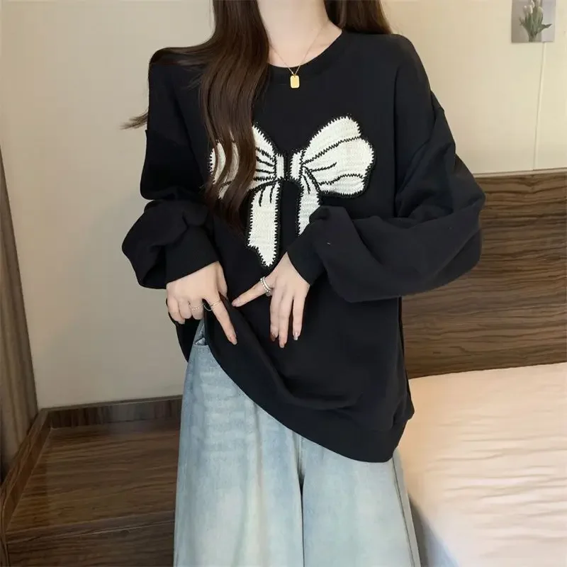 Spring and Autumn New Loose Casual Slim Medium Long Sweater Women Large Coat Bottom Long Sleeve T-shirt Top Round Neck Clothes