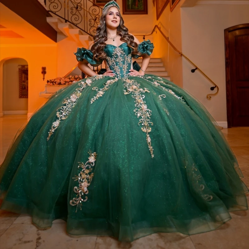 

Темно-зеленые блестящие платья Quinceanera с открытыми плечами, аппликация, цветок, бисер, бант, тюль, корсет, вечерние, день рождения, милое платье 16,